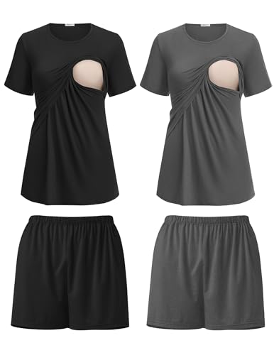 Ekouaer 2 Pack Maternity Clothes Double Layer Breastfeeding Nursing Sleepwear Short Sleeve Tops & Shorts...