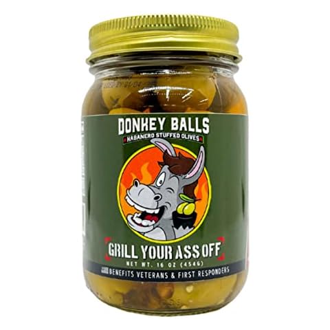 Donkey Balls Habanero Stuffed Olives by Grill Your As Off - All Natural Blend - MSG and Gluten Free - Great on Cocktails, Charcuterie Boards or Cold Cuts - USA Made - 16 Oz Jar Cover