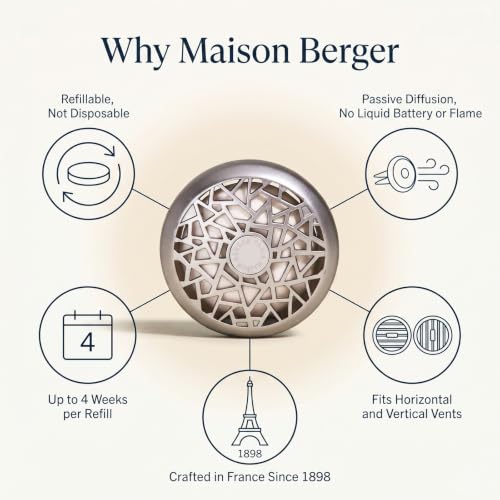 Image of MAISON BERGER Car Diffuser Set, Aroma Travel | Bergamot Mint Eucalyptus Notes, Refillable Vent Clip with Ceramic Refill, Passive 4-Week Diffusion, Made in France