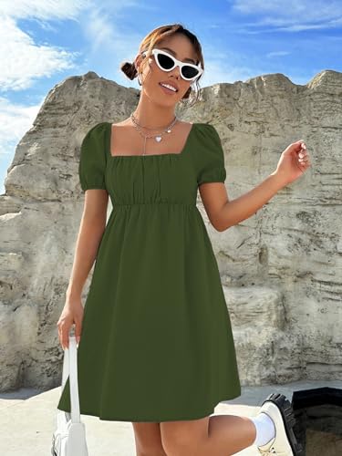 Image of Shasmi Women's & Girl's Dress for Women l One Piece Dress for Women l Beach Dress for Women, Solid Textured Puff Sleeve Square Neck Midi Dress (Dress 115)