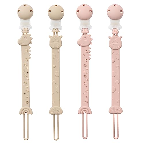 Image of YIVEKO Pacifier Holder Clips for Baby - Silicone Paci Binky Clips 4Pcs - Animal Design Rainbow-Ivory+Blush