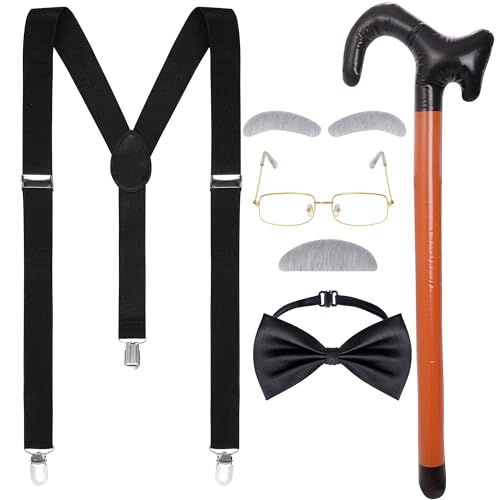 Dxhycc Old Man Costume for Kids Men Grandpa Costume Accessories Including Glasses Suspenders Bow Tie Inflatable Cane Moustache and Eyebrows Set