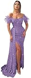 Zhangyo Mermaid Feather Prom Dresses Dusty Purple Split for Women Sparkly Sequin Party Dresses for Wedding Formal Sparkly Off Shoulder Evening Dresses Plus Size 20