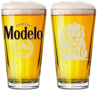 Modelo Beer Pint Glasses Signature House of Modelo Edition with Lion Logo, 16 oz, Set of 4