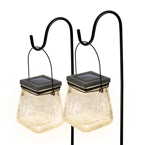 Landia Home 2 Packs Solar Crackle Glass Solar Lanterns Hanging Outdoor Waterproof 10 Lumens 3000K Decorative Large Crackle Glass Garden Led Lights No Wiring For Patio Backyard Garden Holidays, Black #TOP5