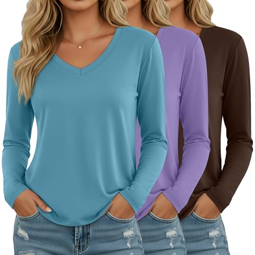 Ficerd 3 Pack Women's Long Sleeve Shirts, V Neck Cotton Blend Tops