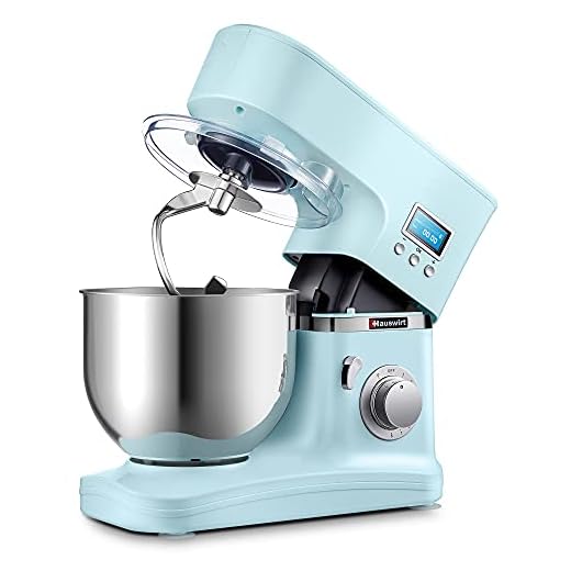 Batidora Amasadora, Hauswirt LCD de Robot de Cocina de 8 velocidades + P con tazón de 5L, gancho para masa, batidor y batidor, accesorios opcionales, 1000 W, Azul