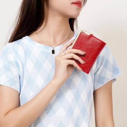 4.96 x 4.37 Inch PU Leather Small Kiss Lock Wallet Ladies Compact Bifold Coin Purse RFID Blocking Vintage Rectangle Wallet With Zipper for Women Travel Money Organizer (Red)4
