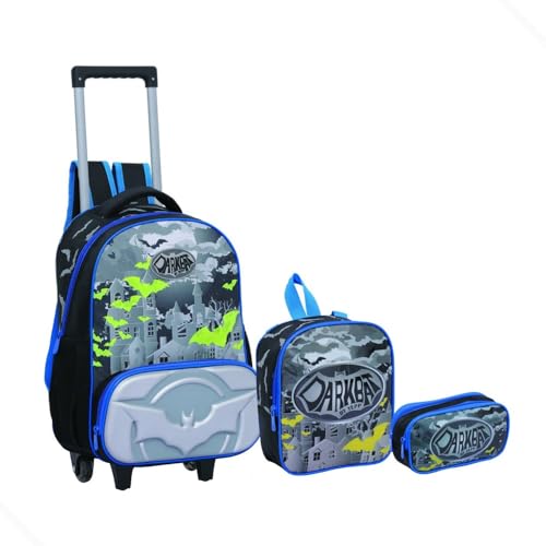 Kit Mochila Bolsa Escolar Rodinha Gel Meninos Crianças Juvenil com Lancheira Térmica e Estojo (Azul)