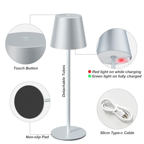 Image of Kakanuo Silver Grey Cordless Lamp Rechargeable - 2 Pack 5000mAH Battery Operated Table Lamp for Counter, 3 Color Stepless Dimming Wireless Lamp for Dining Kitchen, Outdoor Patio, Touch Control