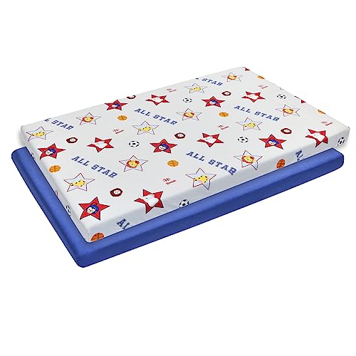 Image of 2 Pack n Play Mattress Sheets - 100% Percale Weave Cotton Soft Portable Crib Mattress Sheets for Boys with Jungle Sports and Solid Blue Design; 2 Pc Playpen Mattress or Mini Crib Sheet Fitted Set