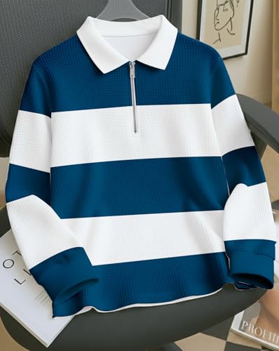 Image of Mens Stylish Half Zip Tshirt, Texture Striped Casual T-Shirt for Men, Formal Collared Neck Full Sleeves T-Shirt for Boys