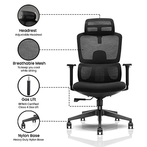 Image of ErgoLab Bravo Office Chair, High Back Ergonomic Mesh Office Chairs with 3 Year Warranty | Computer Chair, Revolving Chair with Cushion Seat and Adjustable Height and 1D Armrests - Bravo Black