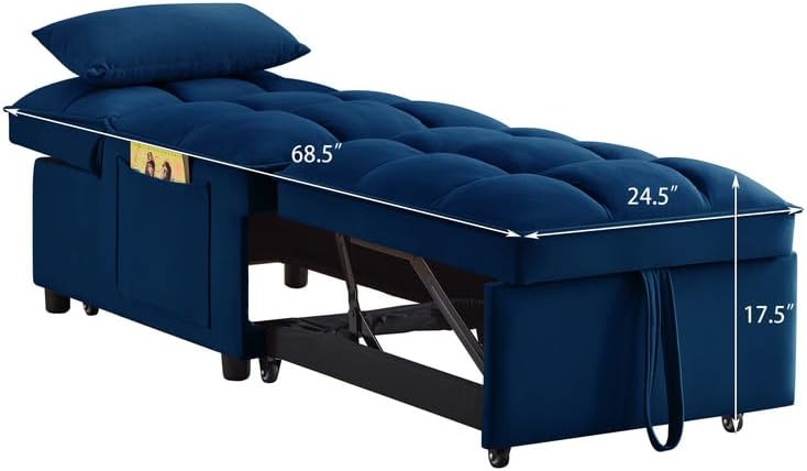 Multi-Function Single Sofa Bed, Velvet Upholstered Sleeper Chair with Storage Pocket, Convertible Chaise Lounge Tufted Pull-Out Sofa Bed with Adjustable Backrest and Pillows,Navy
