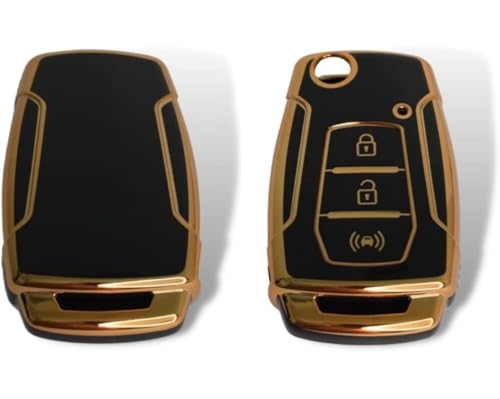 Image of TPU Car Key Cover Black & Golden Compatible for Mahindra XUV300, Alturas G4 (Mahindra, 3 Button Flip Key)