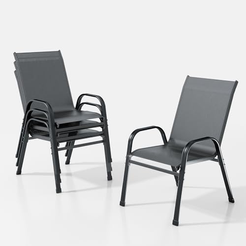 XIELOUS gartenstühle stapelbar 4er Set, balkonstühle gartenstuhl hochlehner, terrassenstühle mit Armlehnen und Metallgestell Wetterfest für Outdoor Garten Terrasse Balkon Restaurants(Grau)