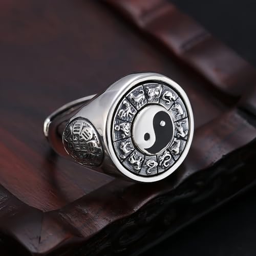 Vintage 925 Sterling Silver Yin Yang Spinner Ring Chinese TAI CHI Bagua Ring with 12 Zodiacs for Men Open Adjustable4