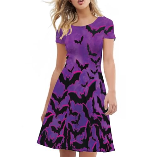 Image of Forchrinse Womens Halloween Bats Dress Causal Elegant Party Midi Dresses Plus Size Short Sleeve A Line Flared Swing Dress Skater Summer Sundress,S-4XL