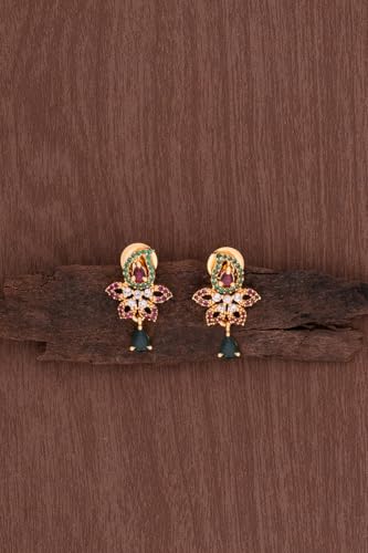 Image of Radha's Creations brass Ruby Emerald stud earrings one gram gold for women and girls one gram gold