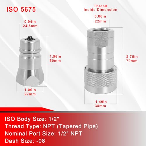 Image of 2Sets 1 /2'' Ag Hydraulic Quick Connect Couplers with Dust Caps, ISO 5675 Pioneer Poppet Style, 1 /2 inch NPT Thread + ISO 5675 Body