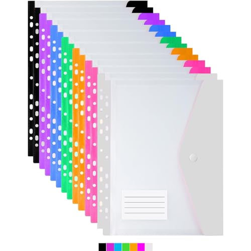 14 Pack Clear Plastic Wallets A4 Punched Pockets, 11 Holes Expandable Binder Pocket Colourful File Jackets, Document Folders with Snap Button & Label Pocket for School Home Office