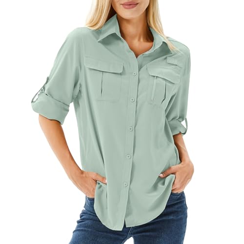 Women's UPF 50+ Long Sleeve UV Sun Protection Shirts, Fishing Hiking Travel Shirt,Breathable and Fast Dry(5071,Bean Green,S)