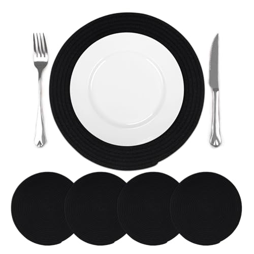comfoyar Lot de 4 Sets de Table Noir Ronde Tressé, Dessous Table Antidérapants en Coton Tissé, Dessous Assiette Lavables et Résistant à la Chaleur pour Cuisine et...