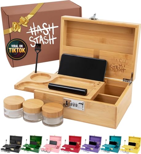 The OG Storage Box - Large Bamboo Box with Combination Lock Magnetic Lid Organizer Tray Airtight Tube and 3 Smell-Proof Jars - Discreet Decorative Locking Wooden Box with Accessories (Wood/Silver)