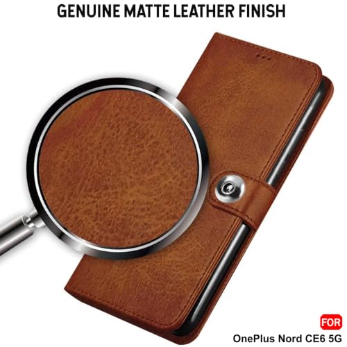 Image of TheGiftKart Genuine Leather Finish Flip Back Cover Case for OnePlus Nord CE 6 5G | Inbuilt Pockets & Stand | Wallet Style | Designer Button | Flip Back Cover for OnePlus Nord CE6 (Faux Leather, Brown)