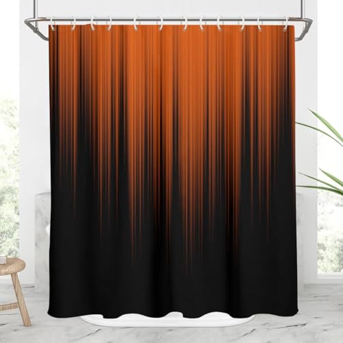 Image of AAtter Orange and Black Shower Curtain, Modern Ombre, 60x72 Inch, 12 Hooks | Terracotta Striped Polyester Fabric, Dark Abstract Trendy Style, Cool Anime Design, Gradient Bathroom Decor for Men
