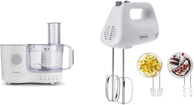 Kenwood Compact Food Processor, 1.4 L Bowl, White & Hand Mixer,Electric Whisk, 5 Speeds, Stainless Steel Kneaders and Beaters for Durability and Strength, 450 W, HMP30.A0SI, White
