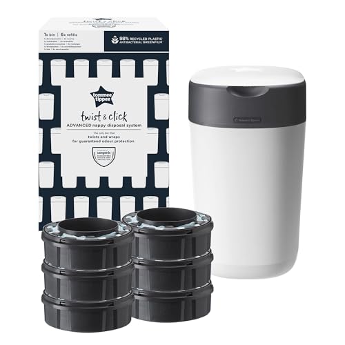 Tommee Tippee Twist and Click Nappy Bin Starter Set, 6x Refill Cassettes with Multilayer, Antibacterial Film, 100% Recycled Chassis, White