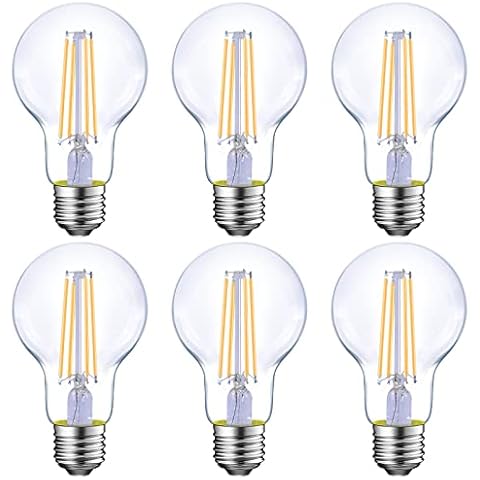 Energetic Dimmable LED Filament Light Bulbs, 8W, 60 Watt Equivalent, Warm White 3000K, Classic Clear Glass, A19 LED Light Bulb, 6 Pack Cover