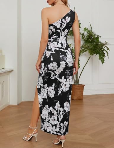 Image of Sarin Mathews Womens One Shoulder Long Formal Dress Sexy Summer Sleeveless Bodycon Ruched Wrap Split Cocktail Dresses