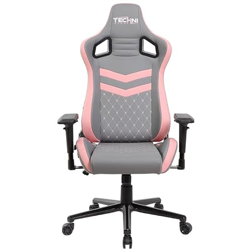 Techni Sport High Back Racing Chair With Foam Seat And Padded Arms, Reclining Gaming Chair With Height And Tilt Adjustment, Grey And Pink #TOP3