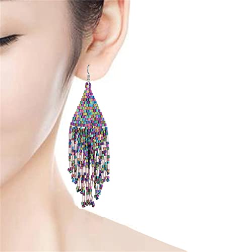 Color Boho Rice Beads Tassel Earrings.multicolor Long Beaded Dangle Earrings Handmade Woven Drop Earrings Jewelry Gifts For Women Girls (Colorful) #TOP4