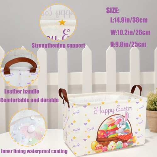 Image of Easter Basket for Kid Large Empty Baby Rectangular Cute Easter Gift Storage Basket Bunny Eggs Decor (Rabbit Purple Bow Tie)