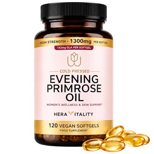 Evening Primrose Oil 1300mg | High Strength Cold Pressed Evening Primrose Capsules | 143mg GLA per Softgel | 120 Vegan Softgels | Omega-6 Supplement Womens Wellness & Skin Health | 4 Month Supply