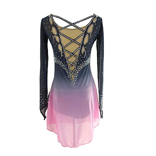 LIUHUO Black Ice Figure Skating Dress Manga Longa Gola Redonda Patinagem Saia, rosa, P