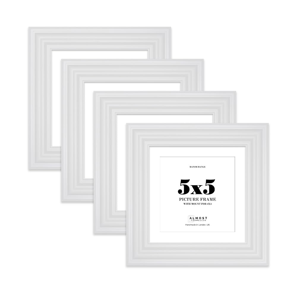 5x5 White Picture Frame - 5x5 Square Frame with 4x4 Mount for 5x5/4x4 Pictures Vintage Style Decorative Wall Display Frame, 4 Pack