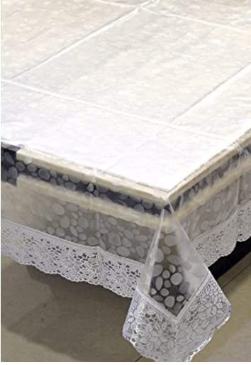 LOTUM Table Cloth|Center Table Cover|Round Table Cover|Table Cover 4 Seater|3D Coin Print with Silver Lace|(Transparent)