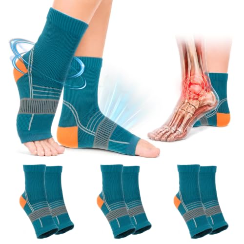 Image of 3Pairs Neuropathy Socks for Women Men, Toeless Compression Socks for Neuropathy Pain Relief, Breathable Foot Sleeves with Arch & Ankle Support for Plantar Fasciitis, Swelling, Diabetic foot Pain, Day Night Use (Teal Blue, Small)