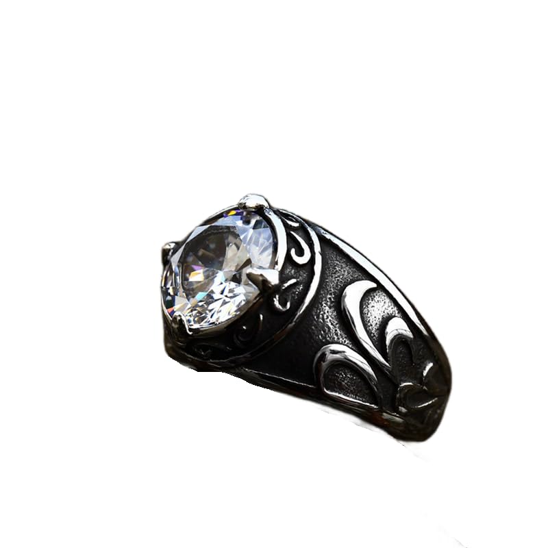 Sumpgle Anillo de acero inoxidable vintage para hombre con incrustaciones de zafiro azul flor tallada Joyería de acero al titanio