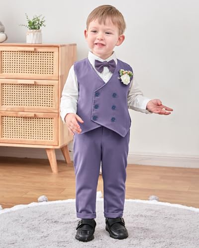 Image of YALLET Toddler Baby Boy Clothes Suit Gentleman Wedding Outfits, Formal Dress Shirt+Bowtie+Vest+Boutonniere+Suspender Pants