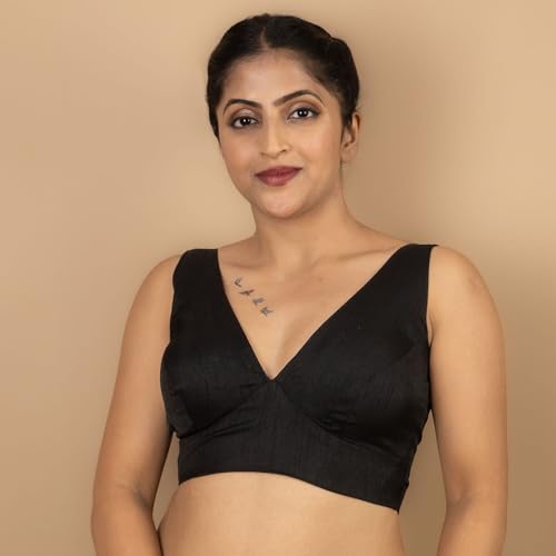 Image of FIGURE'S DESIGNER Women's Dupion Raw Silk Sleeveless V Neck Sabyasachi Cut Readymade Saree Blouse Padded Stitched S4