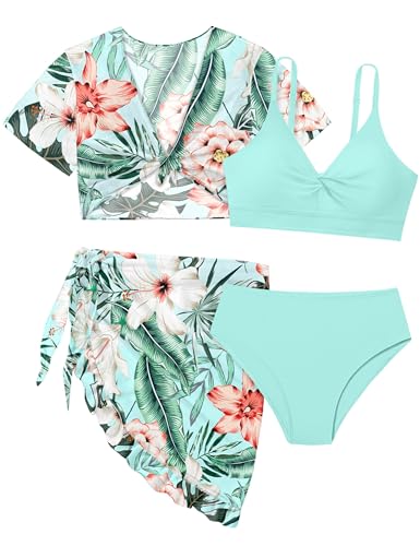 Girls Swimsuits Size 14-16 Bathing Suit 4 Piece Tropical Floral Print Twist Criss Cross Bikini Set with Kimono Cover Up Swimsuits for Teen Girls 15-16 Mint Green