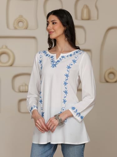 Image of QAZMI Women Kashmiri Aari Embroidered A-Line Viscose Rayon Short Kurti with Full Sleeves