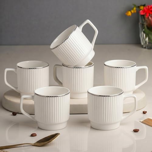 Image of UPC Coffee Mug Set of 6 | White Ribbed Texture with Silver Rim | Tea & Coffee Cups | Microwave & Dishwasher Safe | Home & Kitchen