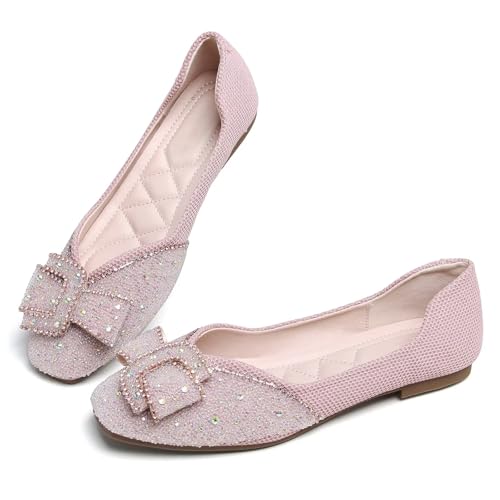Image of SAILING LU Women's Rhinestone Square Toe Bowknots Ballet Flats Loafers