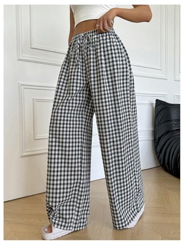 Verdusa Women's Gingham Plaid Wide Leg Pants Streetwear Casual High Rise Baggy Trousers4